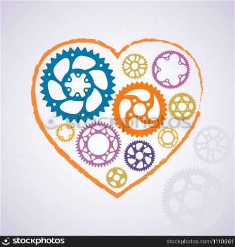 Colorful vector grunge heart contour with gears and cogs. Valentine holiday template for banner, postcard and web decoration. Love symbol with violet, blue and orange colors in modern style.. Colorful silhouette valentine heart postcard.