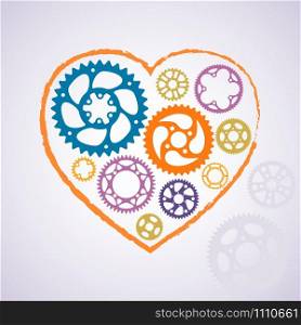 Colorful vector grunge heart contour with gears and cogs. Valentine holiday template for banner, postcard and web decoration. Love symbol with violet, blue and orange colors in modern style.. Colorful silhouette valentine heart postcard.