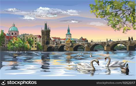 Colorful vector hand drawing Illustration Cityscape of Charles Bridge and swans in Vltava river in Prague. Landmark of Prague, Czech Republic. Colorful vector illustration of Landmark of Prague.