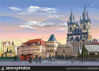 Colorful vector hand drawing Illustration. Cityscape of Old Town Square and Tyn Church. Landmark of Prague, Czech Republic. Vector illustration of landmark of Prague.