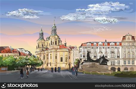 Colorful vector hand drawing Illustration. Cityscape of St. Nicholas church and Jan Hus Memorial. Landmark of Prague, Czech Republic. Colorful vector illustration of landmark of Prague.