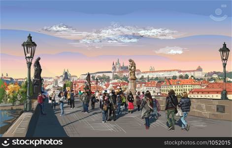Colorful vector hand drawing Illustration of Charles Bridge and panorama of Prague. Landmark of Prague, Czech Republic.Colorful vector illustration of landmark of Prague.