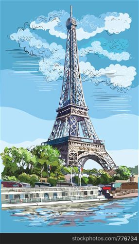 Colorful vector hand drawing Illustration of Eiffel Tower, landmark of Paris, France. Cityscape with Eiffel Tower, view on Seine river embankment. Colorful vector hand drawing illustration.