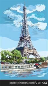 Colorful vector hand drawing Illustration of Eiffel Tower, landmark of Paris, France. Cityscape with Eiffel Tower, view on Seine river embankment. Colorful vector hand drawing illustration.