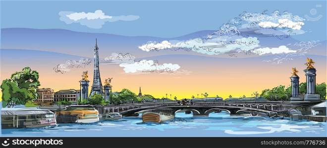 Colorful vector hand drawing Illustration of Eiffel Tower, landmark of Paris, France. Panoramic cityscape with Eiffel Tower and Pont Alexandre III, view on Seine river embankment.