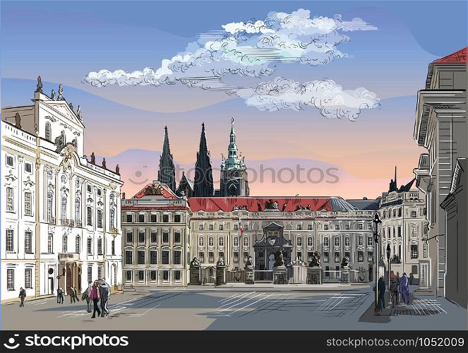 Colorful vector hand drawing Illustration of Hradcany square. The Central gate of the Hradcany Castle.Landmark of Prague, Czech Republic. Vector olorful illustration of landmark of Prague.