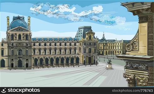 Colorful vector hand drawing Illustration of Louvre museum, landmark of Paris, France. Cityscape with Louvre museum. Colorful vector illustration, cityscape of Paris.
