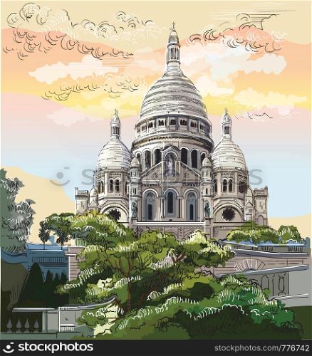 Colorful vector hand drawing Illustration of Montmartre, landmark of Paris, France. Cityscape with basilica Sacre Coeur. Colorful vector illustration, cityscape of Paris.