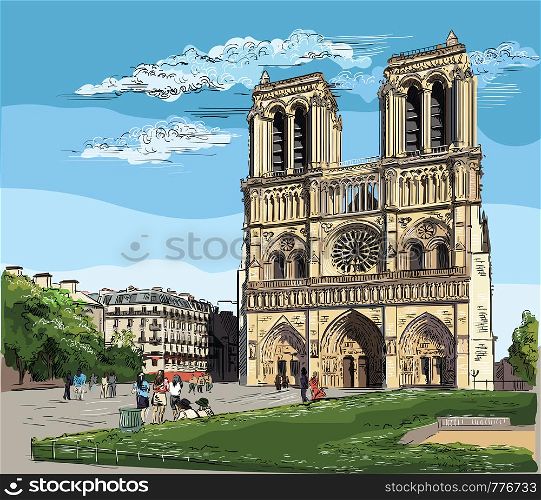 Colorful vector hand drawing Illustration of Notre Dame Cathedral (Paris, France). Landmark of Paris. Cityscape with Notre Dame Cathedral.