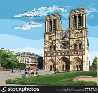 Colorful vector hand drawing Illustration of Notre Dame Cathedral (Paris, France). Landmark of Paris. Cityscape with Notre Dame Cathedral.
