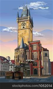 Colorful vector hand drawing Illustration of Old Town Hall in Prague. Landmark of Prague, Czech Republic. Vector illustration of landmark of Prague.