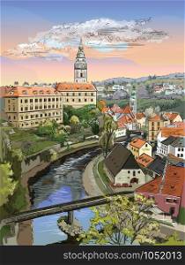 Colorful vector hand drawing Illustration of panoramic cityscape of Cesky Krumlov. Aerial View on roofs, castle and river. Landmark of Czech Republic. Colorful vector illustration.