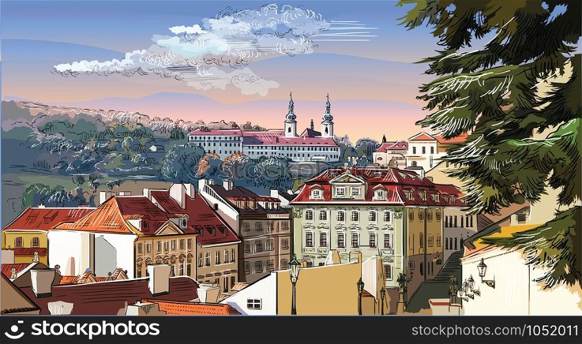 Colorful vector hand drawing Illustration of panoramic cityscape of Prague. Strahov Monastery and roofs of Prague. Landmark of Prague, Czech Republic. Colorful vector illustration.