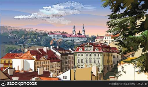 Colorful vector hand drawing Illustration of panoramic cityscape of Prague. Strahov Monastery and roofs of Prague. Landmark of Prague, Czech Republic. Colorful vector illustration.