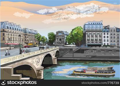 Colorful vector hand drawing illustration of Pont Saint Michel bridge, landmark of Paris, France. Cityscape with Saint Michel bridge and Paris street. Colorful vector illustration, cityscape of Paris.