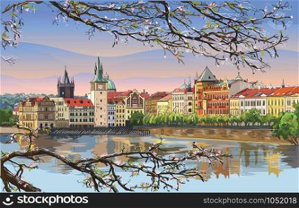 Colorful vector hand drawing Illustration of Prague old city panorama with blossom tree, river Vltava. Landmark of Prague, Czech Republic. Vector illustration of landmark of Prague.