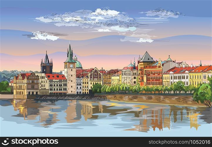 Colorful vector hand drawing Illustration of Prague old city panorama with river Vltava. Landmark of Prague, Czech Republic. Vector illustration of landmark of Prague.