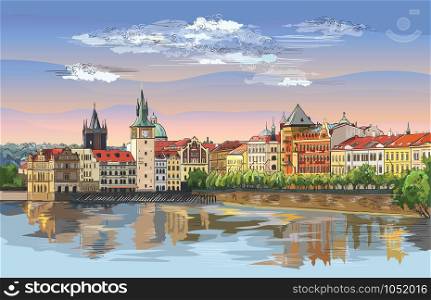 Colorful vector hand drawing Illustration of Prague old city panorama with river Vltava. Landmark of Prague, Czech Republic. Vector illustration of landmark of Prague.
