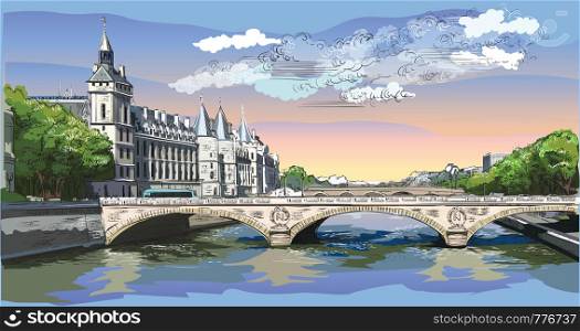 Colorful vector hand drawing Illustration of The castle of Conciergerie, landmark of Paris, France. Panoramic cityscape with Conciergerie. Colorful vector illustration of Conciergerie.