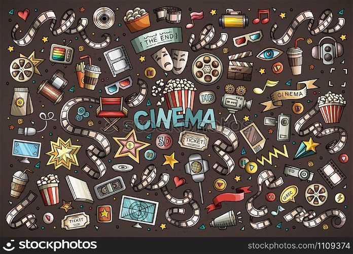 Colorful vector hand drawn Cinema Doodle cartoon set of objects and symbols. Colorful vector hand drawn Cinema Doodle cartoon set of objects