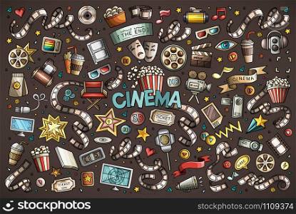 Colorful vector hand drawn Cinema Doodle cartoon set of objects and symbols. Colorful vector hand drawn Cinema Doodle cartoon set of objects