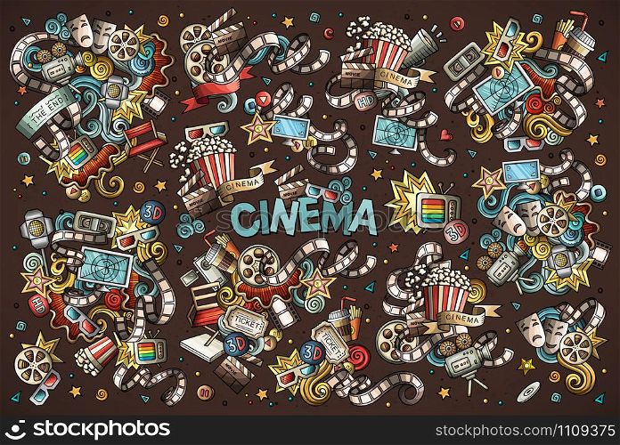 Colorful vector hand drawn Cinema Doodle cartoon set of objects and symbols. All objects separate.. Colorful vector hand drawn Cinema Doodle cartoon set of objects