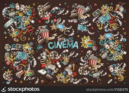 Colorful vector hand drawn Cinema Doodle cartoon set of objects and symbols. All objects separate.. Colorful vector hand drawn Cinema Doodle cartoon set of objects