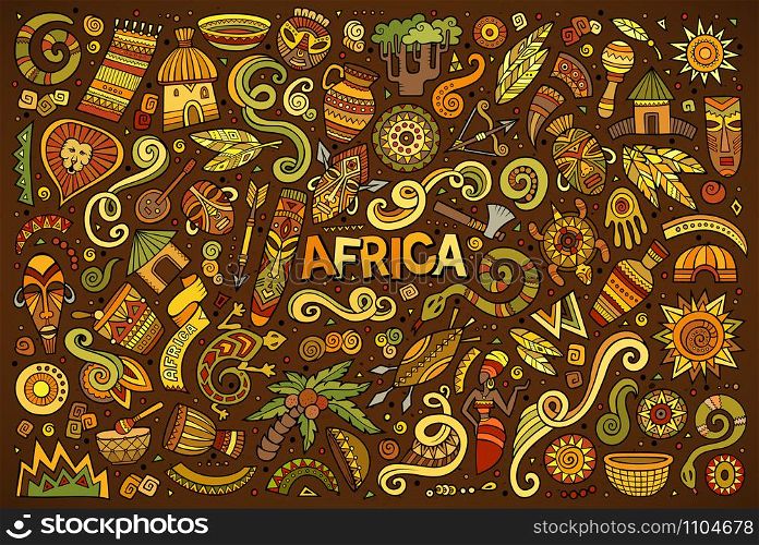 Colorful vector hand drawn doodle cartoon set of Africa objects and symbols. Vector doodle cartoon set of Africa objects
