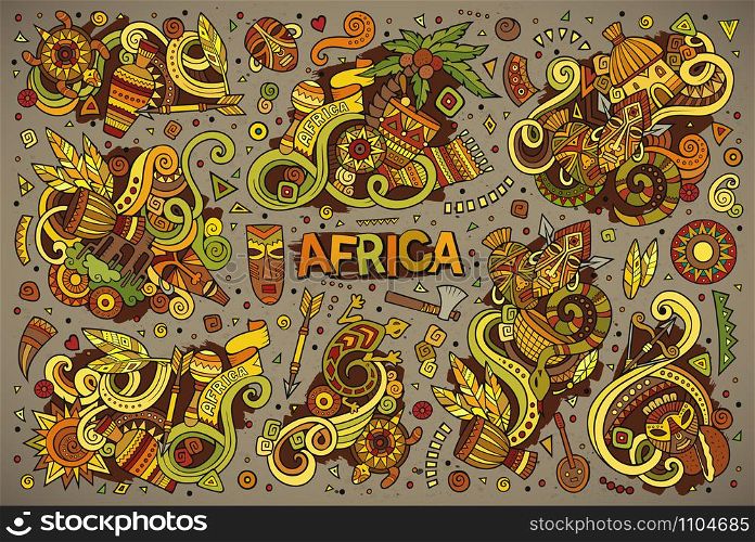 Colorful vector hand drawn doodle cartoon set of Africa objects and symbols. Vector doodle cartoon set of Africa designs
