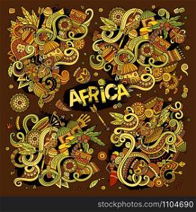 Colorful vector hand drawn doodle cartoon set of Africa objects and symbols. Vector doodle cartoon set of Africa designs