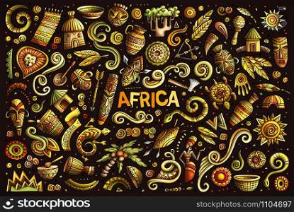 Colorful vector hand drawn doodle cartoon set of Africa objects and symbols. Vector doodle cartoon set of Africa objects