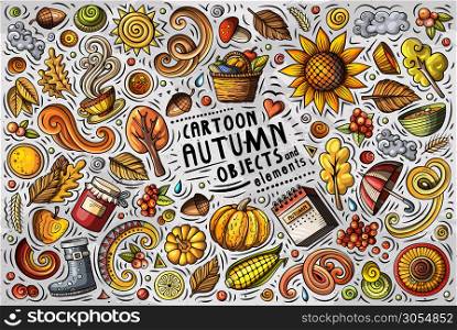 Colorful vector hand drawn doodle cartoon set of Autumn theme items, objects and symbols. Vector doodle cartoon set of Autumn items, objects and symbols