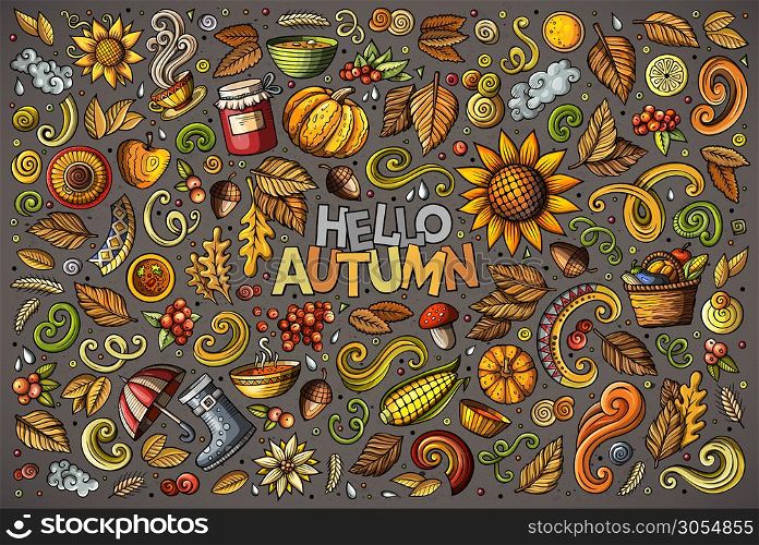 Colorful vector hand drawn doodle cartoon set of Autumn theme items, objects and symbols. Set of Autumn theme items, objects and symbols