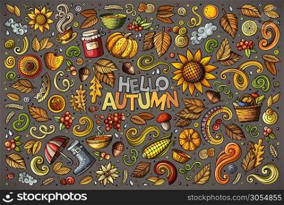Colorful vector hand drawn doodle cartoon set of Autumn theme items, objects and symbols. Set of Autumn theme items, objects and symbols