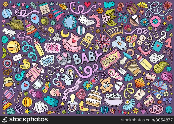 Colorful vector hand drawn doodle cartoon set of Baby theme items, objects and symbols. Colorful vector doodle cartoon set of Baby objects and symbols