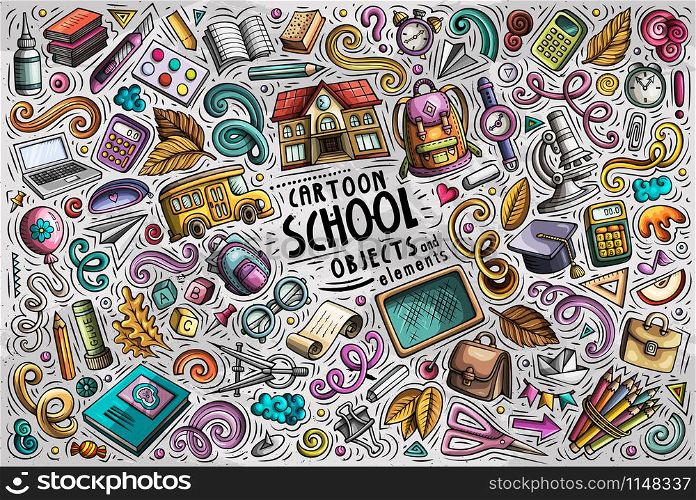 Colorful vector hand drawn doodle cartoon set of Back to School theme items, objects and symbols. Vector set of Back to School items, objects and symbols
