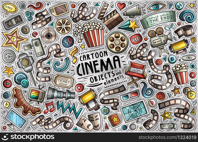 Colorful vector hand drawn doodle cartoon set of Cinema theme items, objects and symbols. Vector set of Cinema theme items, objects and symbols