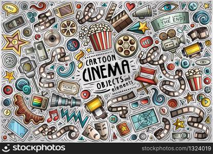 Colorful vector hand drawn doodle cartoon set of Cinema theme items, objects and symbols. Vector set of Cinema theme items, objects and symbols