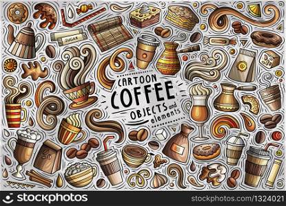 Colorful vector hand drawn doodle cartoon set of Coffee theme items, objects and symbols. Vector set of Coffee theme items, objects and symbols