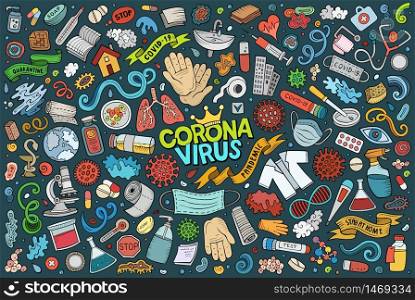 Colorful vector hand drawn doodle cartoon set of Cronavirus theme items, objects and symbols. Doodle cartoon set of Coronavirus theme objects