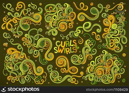 Colorful vector hand drawn Doodle cartoon set of curls and swirls decorative elements. Vector hand drawn Doodle cartoon set of curls and swirls