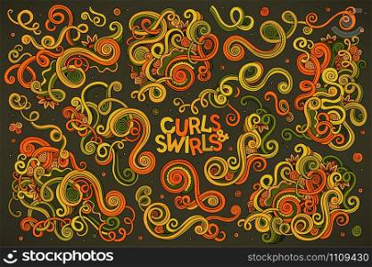 Colorful vector hand drawn Doodle cartoon set of curls and swirls decorative elements. Vector hand drawn Doodle cartoon set of curls and swirls