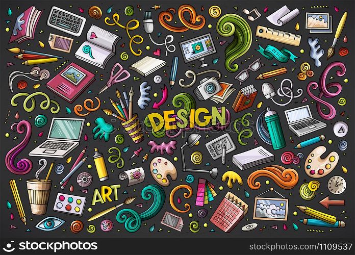 Colorful vector hand drawn doodle cartoon set of design theme items, objects and symbols. Vector set of design theme items
