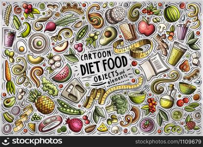 Colorful vector hand drawn doodle cartoon set of Diet food theme items, objects and symbols. Colorful vector hand drawn doodle cartoon set of Diet food theme objects