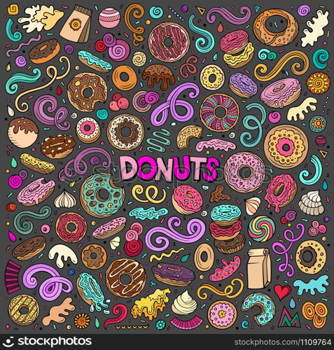 Colorful vector hand drawn doodle cartoon set of Donuts objects and symbols. Vector cartoon set of Donuts objects and symbols