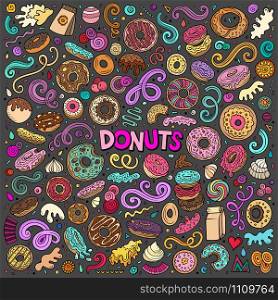 Colorful vector hand drawn doodle cartoon set of Donuts objects and symbols. Vector cartoon set of Donuts objects and symbols