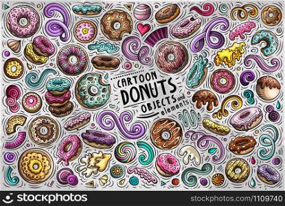 Colorful vector hand drawn doodle cartoon set of Donuts theme items, objects and symbols. Vector doodle cartoon set of Donuts objects and symbols