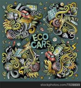 Colorful vector hand drawn doodle cartoon set of Electric cars objects and symbol. Colorful vector doodle cartoon set of Electric cars designs