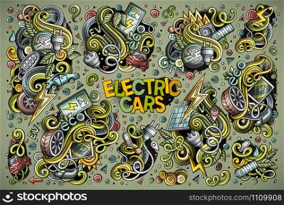 Colorful vector hand drawn doodle cartoon set of Electric cars objects and symbol. All objects separate.. Colorful vector doodle cartoon set of Electric cars designs