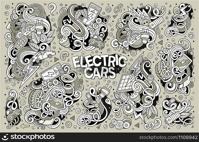 Colorful vector hand drawn doodle cartoon set of Electric cars objects and symbol. Colorful vector doodle cartoon set of Electric cars objects